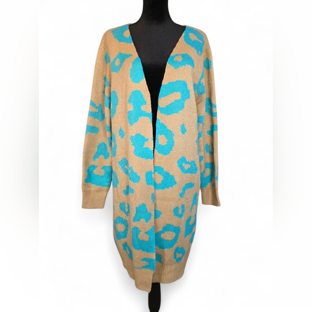 Blue Buttercup Leopard Print Knit Open FrontCardigan Sweater Tan Aqua Size Small